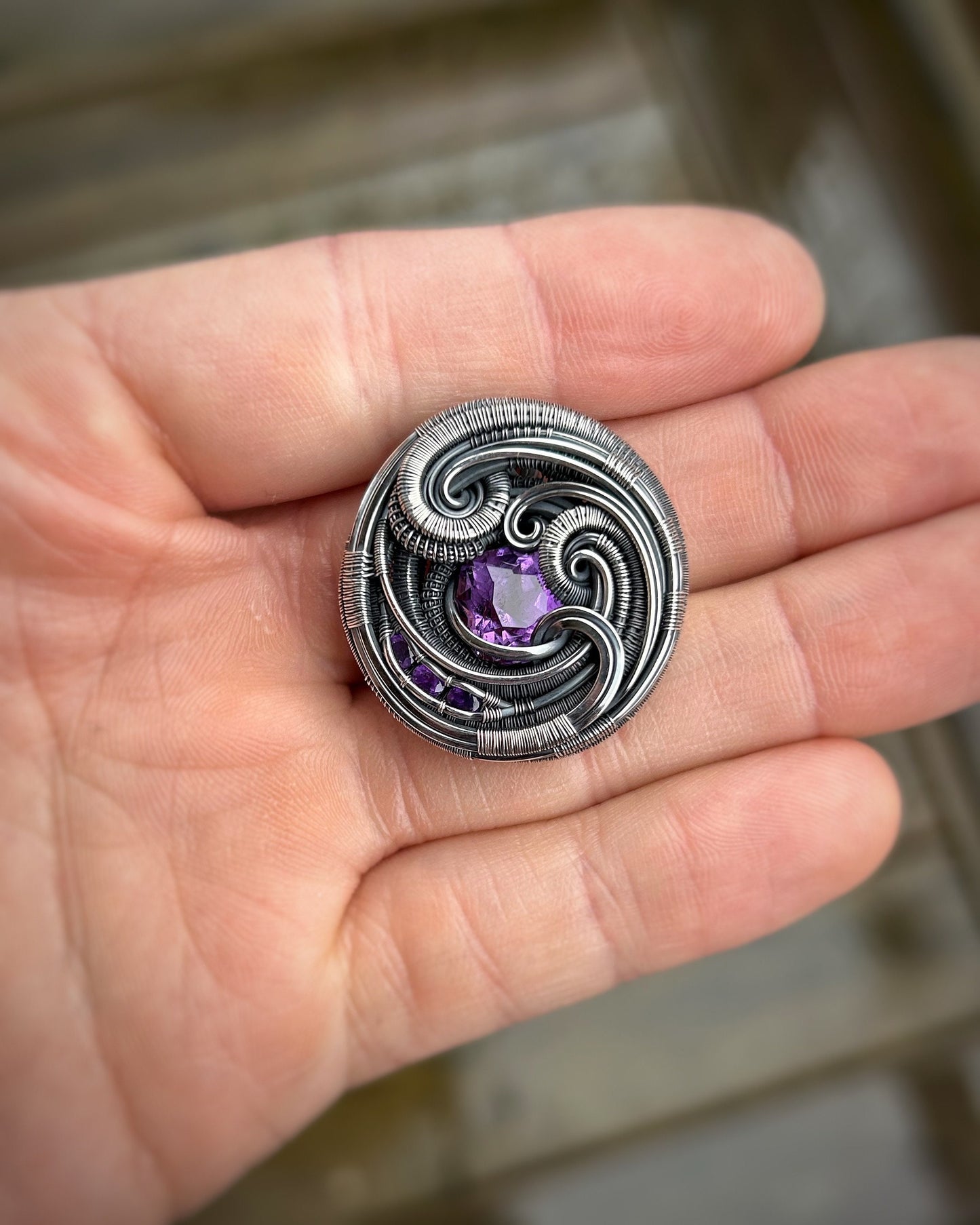 Circular mini pendant // wire wrap // Christmas gift // festival jewelry // handmade // amethyst // purple // Wire Flow // Organic