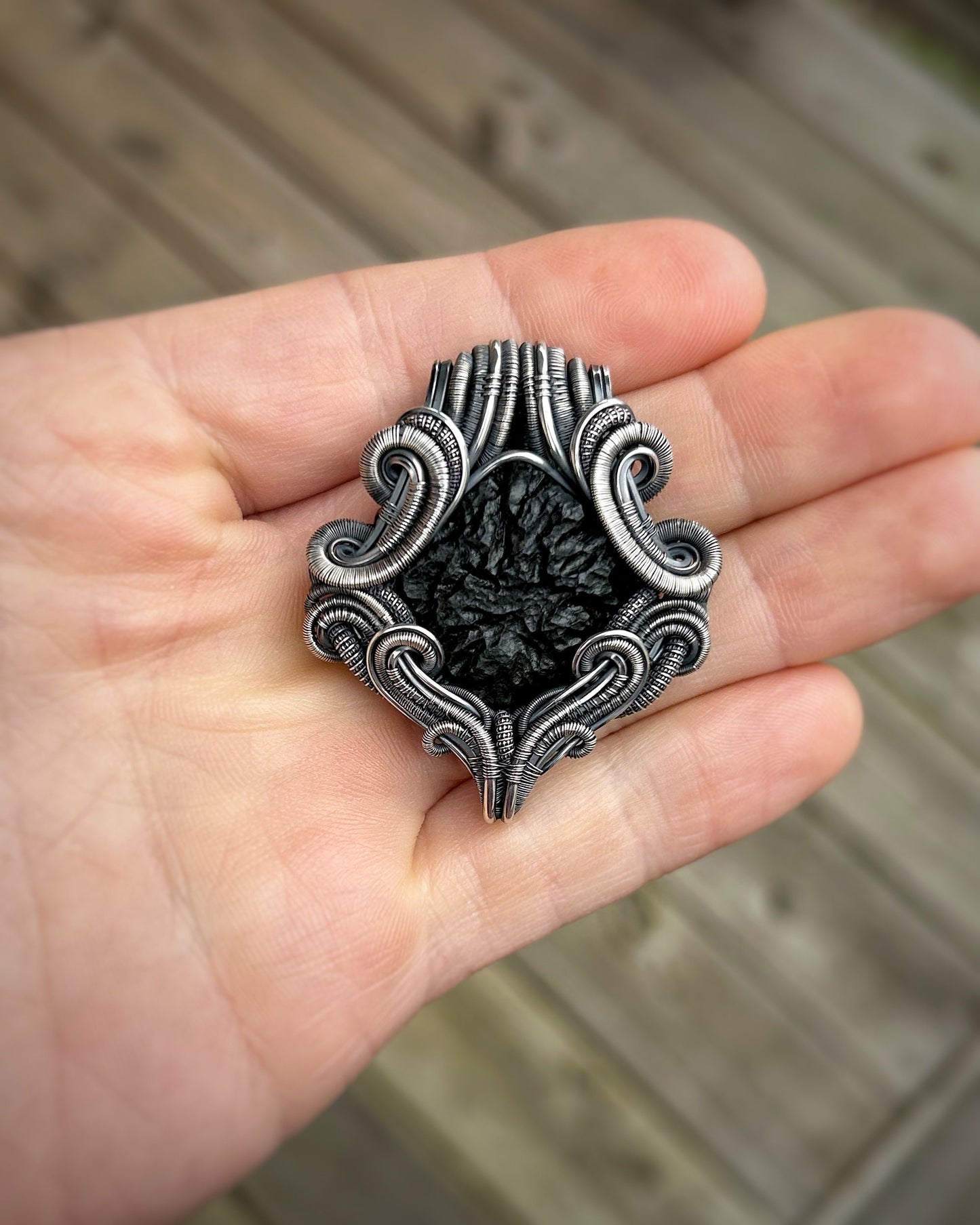 Moldavite Pendant // Symmetrical // Wire Wrap // Festival Jewelry // Moldavite Family // Oxidized Silved // Handmade Wire Art // Organic