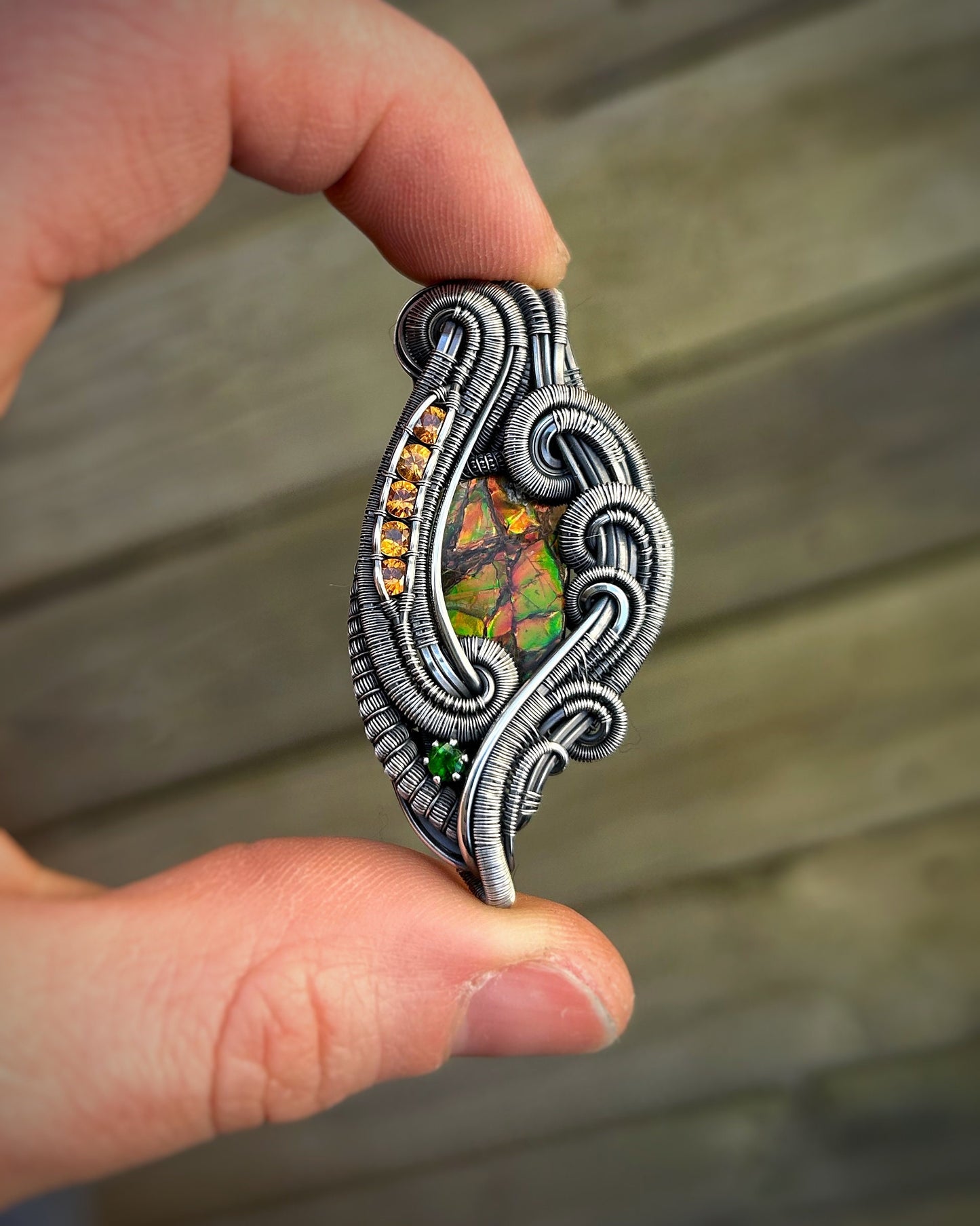 Stunning Ammolite Pendant // Orange and Green // Spessertine Garnets // Chrome Diopside // Festival Jewelry // Handmade Wire Wrap // Oxidize