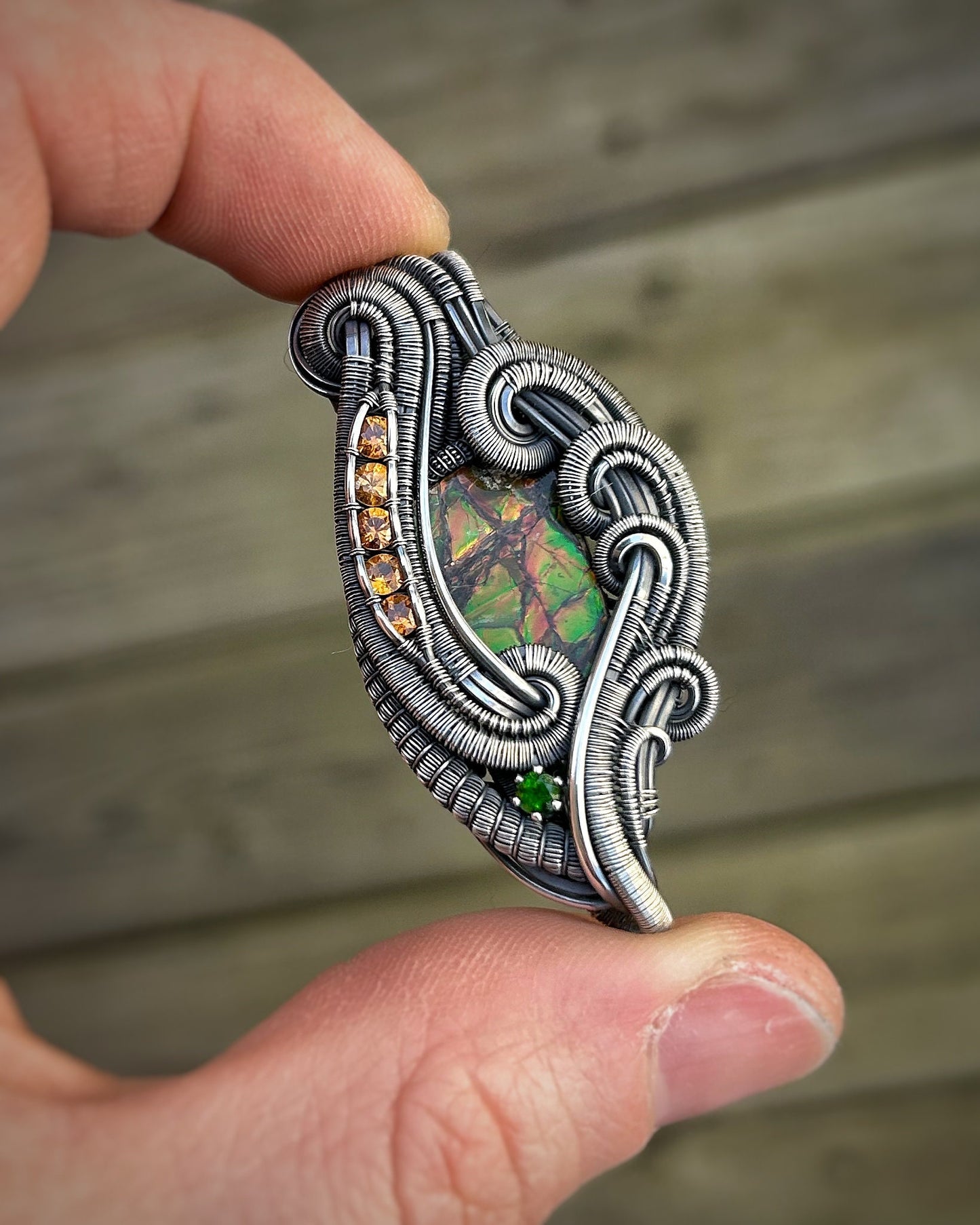 Stunning Ammolite Pendant // Orange and Green // Spessertine Garnets // Chrome Diopside // Festival Jewelry // Handmade Wire Wrap // Oxidize