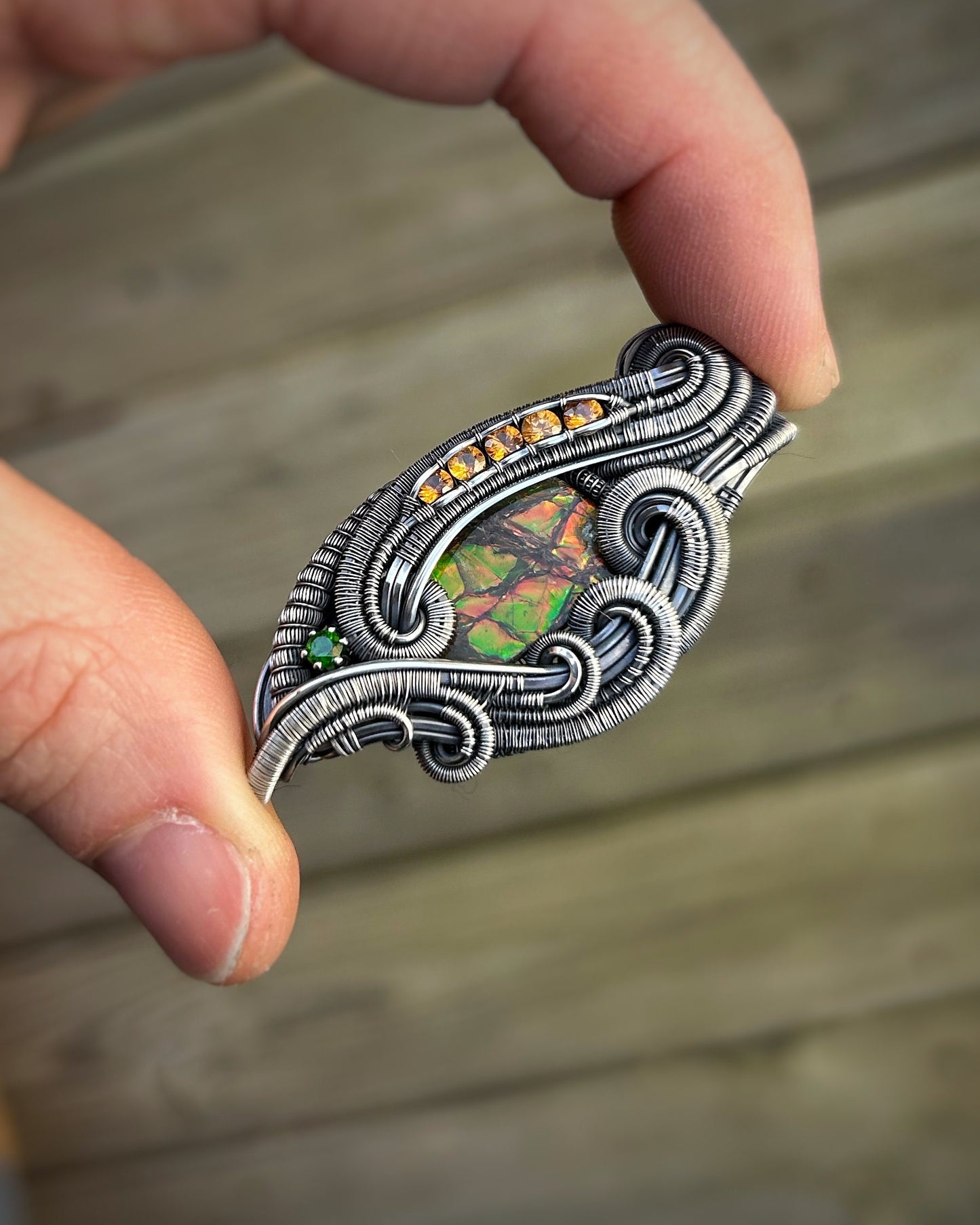 Stunning Ammolite Pendant // Orange and Green // Spessertine Garnets // Chrome Diopside // Festival Jewelry // Handmade Wire Wrap // Oxidize