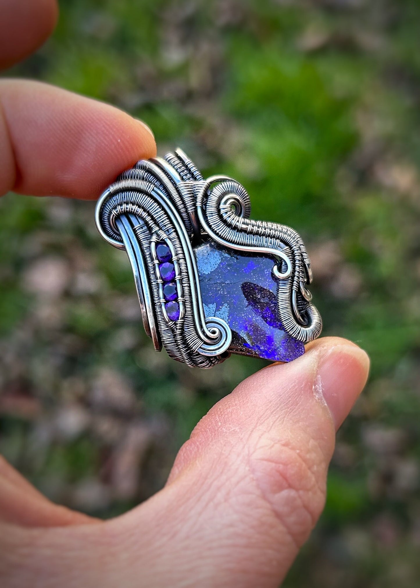 Purple Australian Opal // Amethyst // Festival Jewelry // Wire Wrapped Pendant // Handmade // One of a Kind // Boulder Opal // Elegant wrap