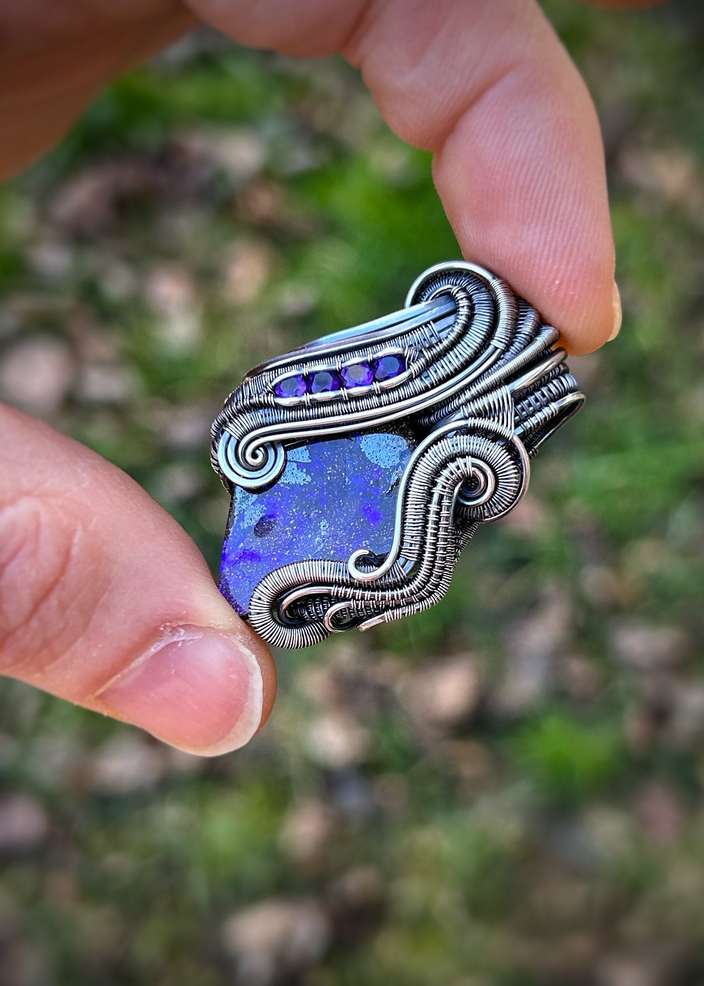 Purple Australian Opal // Amethyst // Festival Jewelry // Wire Wrapped Pendant // Handmade // One of a Kind // Boulder Opal // Elegant wrap