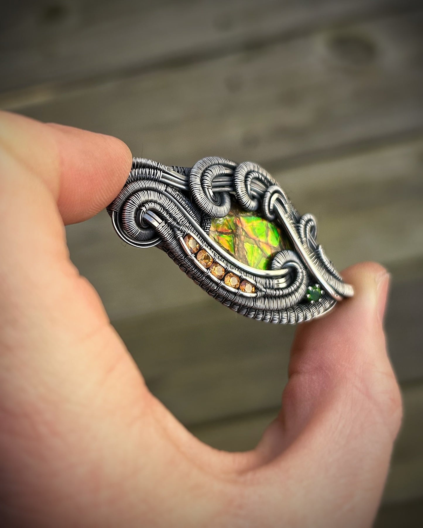 Stunning Ammolite Pendant // Orange and Green // Spessertine Garnets // Chrome Diopside // Festival Jewelry // Handmade Wire Wrap // Oxidize