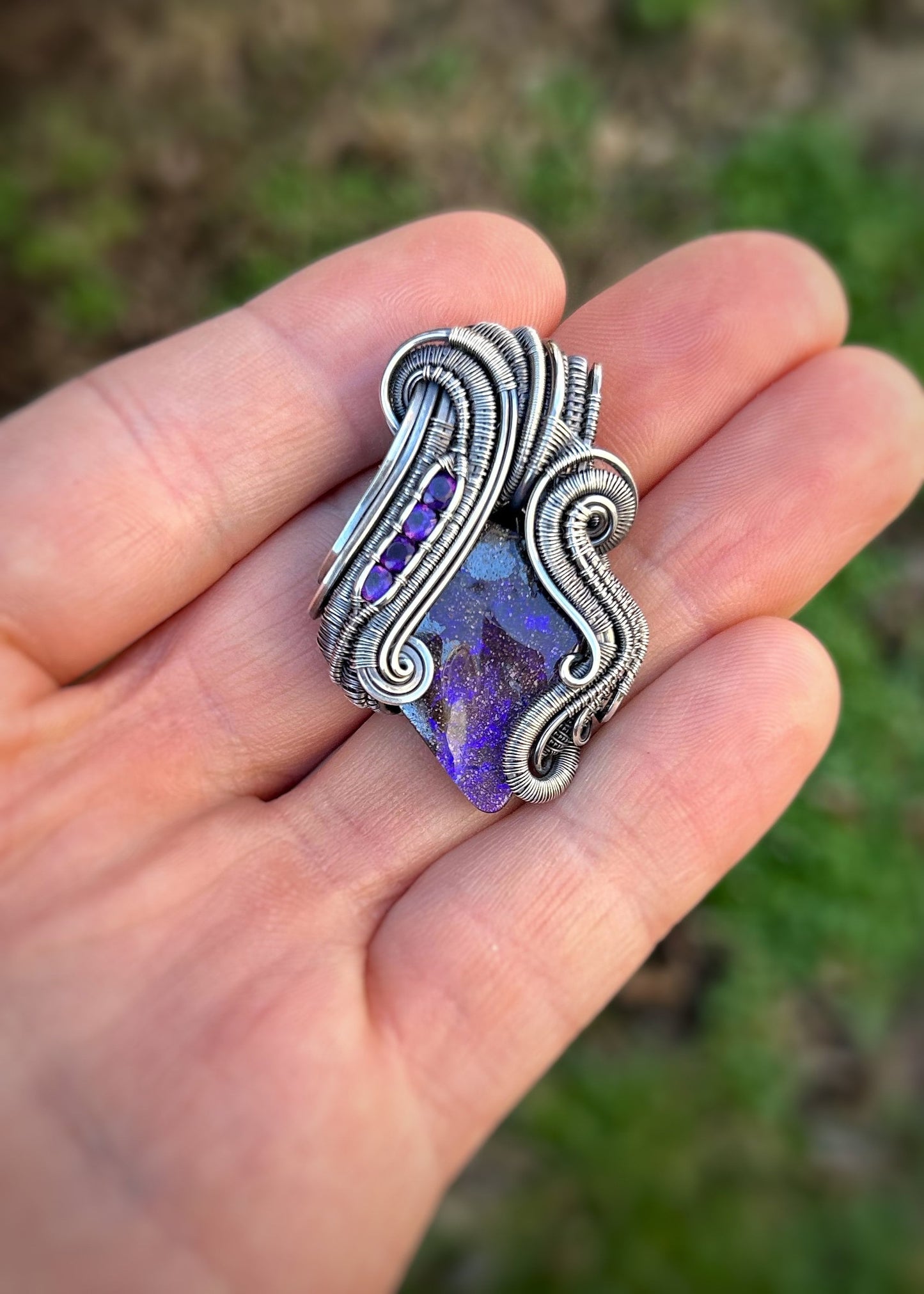 Purple Australian Opal // Amethyst // Festival Jewelry // Wire Wrapped Pendant // Handmade // One of a Kind // Boulder Opal // Elegant wrap