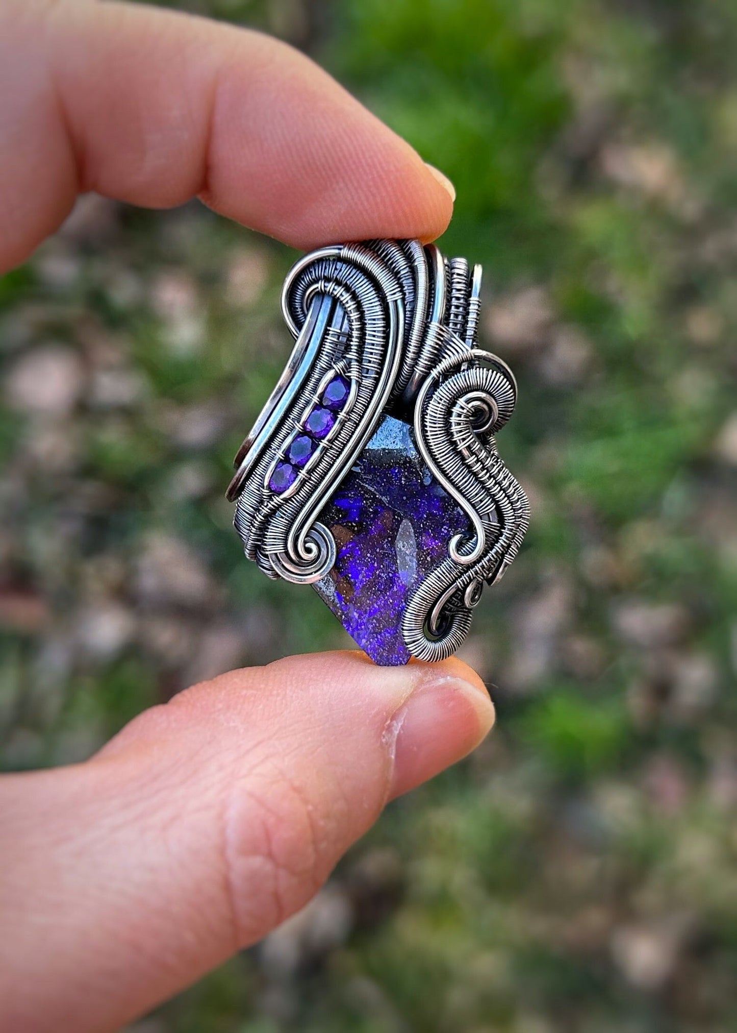 Purple Australian Opal // Amethyst // Festival Jewelry // Wire Wrapped Pendant // Handmade // One of a Kind // Boulder Opal // Elegant wrap