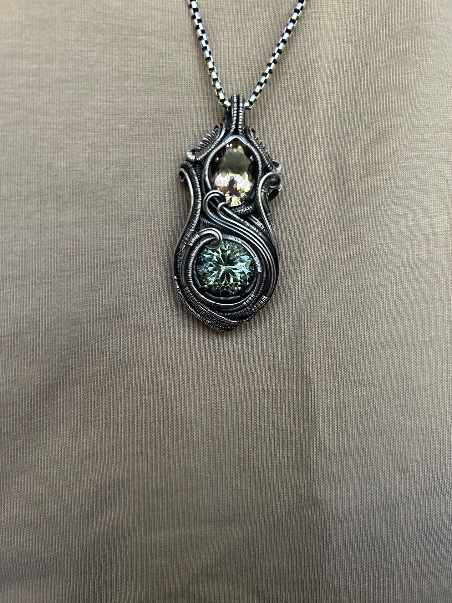 Champagne Topaz // Prasiolite // Wire Wrapped Pendant // Oxidized Silver // Festival Jewelry // Handmade Wire Art // One of a kind