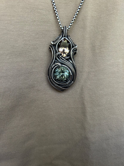 Champagne Topaz // Prasiolite // Wire Wrapped Pendant // Oxidized Silver // Festival Jewelry // Handmade Wire Art // One of a kind