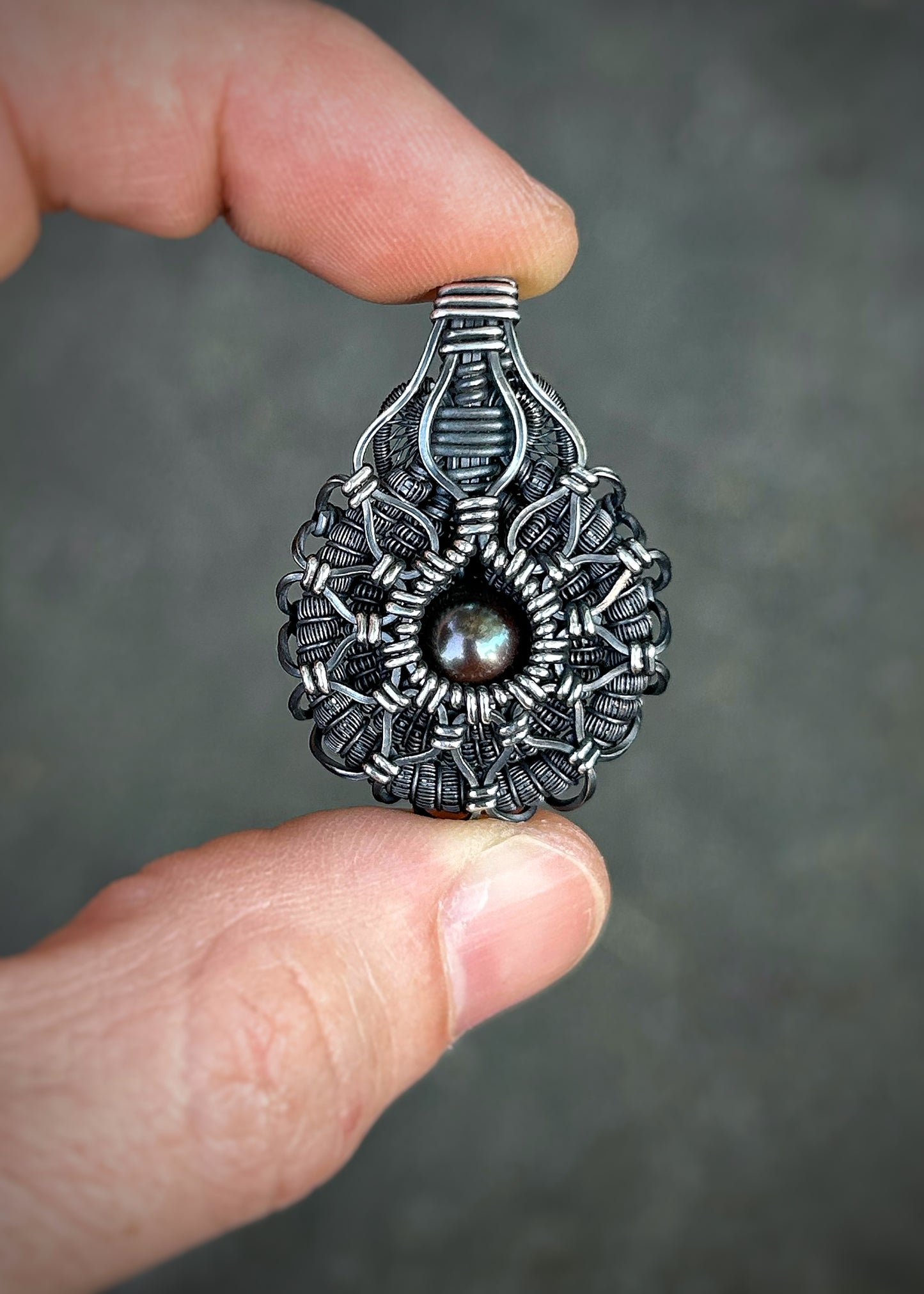 Symmetrical Pearl Pendant // Wire Wrapped // Oxidized/Polished Silver // Tahitian Black Pearl // Festival Jewelry // Sacred Geometry