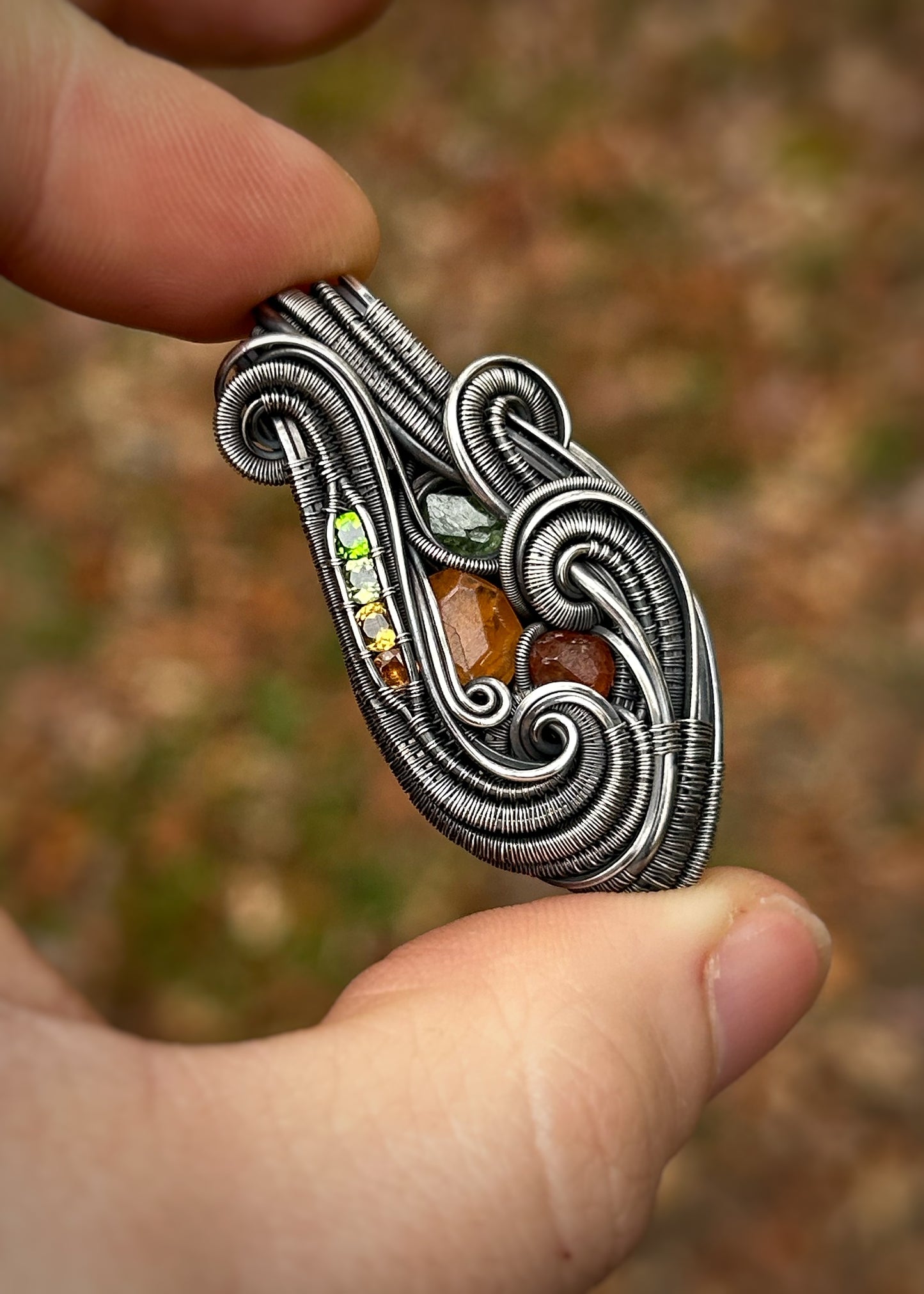 Autumnal Jammer Pendant // Garnet Crystals // Color Gradient // Festival Jewelry // Oxidized Silver Wire Wrap // Handmade Wire Art // Sexy
