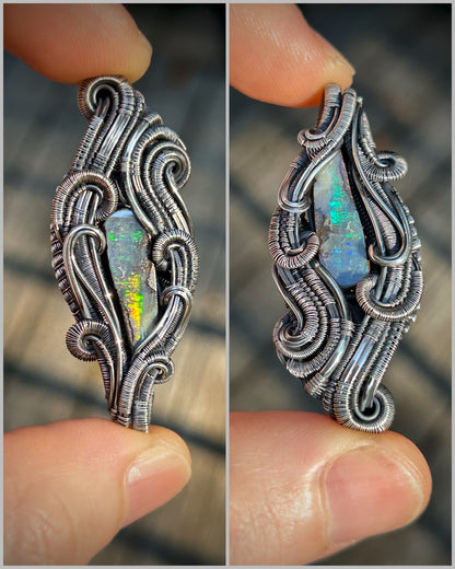 Aussie Opal Pendant // Handmade Wire Jewelry // Oxidized Sterling Silver // Festival Jewelry // Double Bailed // Australian Opal // Organic