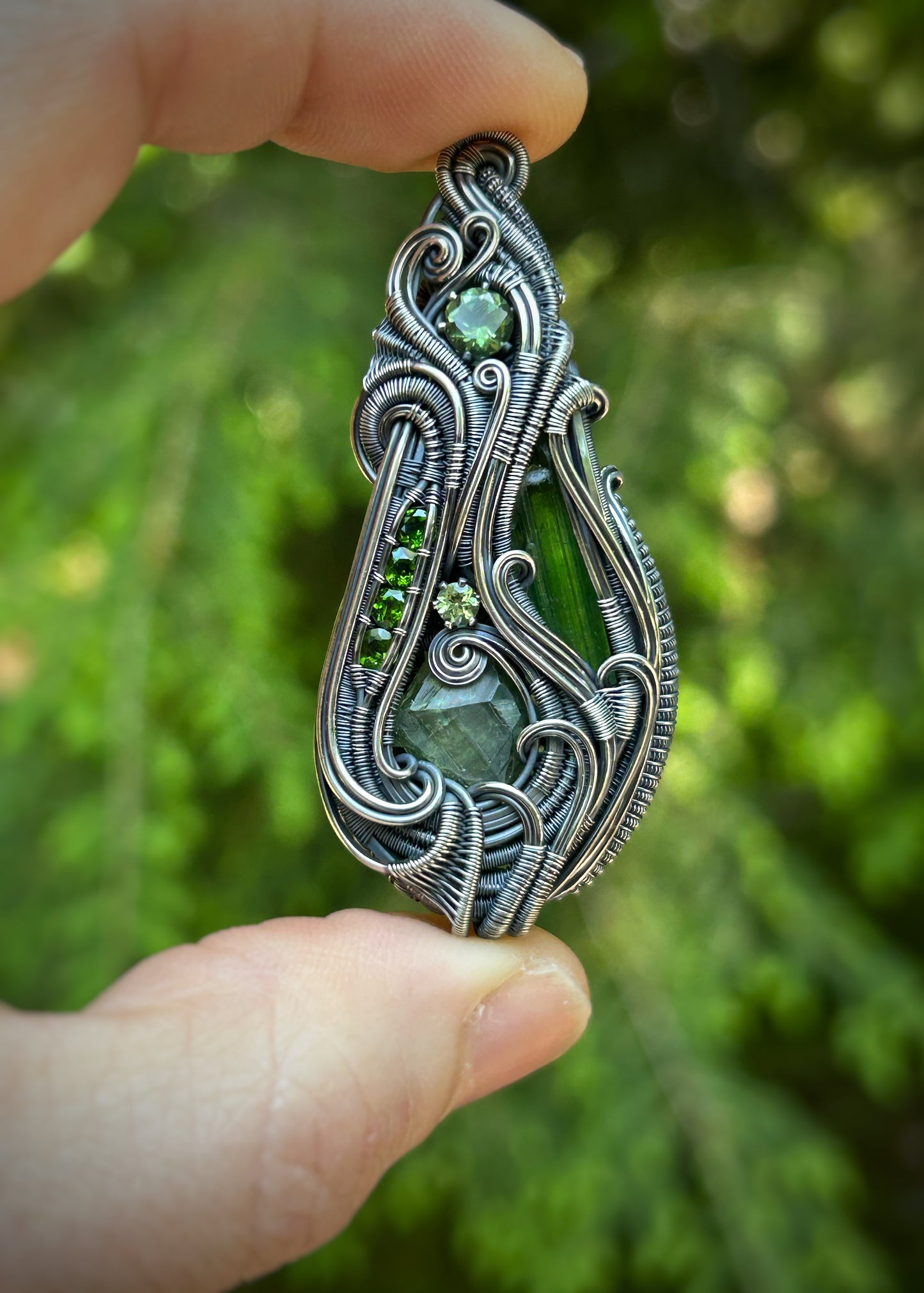 All Green Banger // Green Gems // Tourmaline // Garnet // Peridot // Apatite // Chrome Diopside // Oxidized Silver // Festival Jewelry
