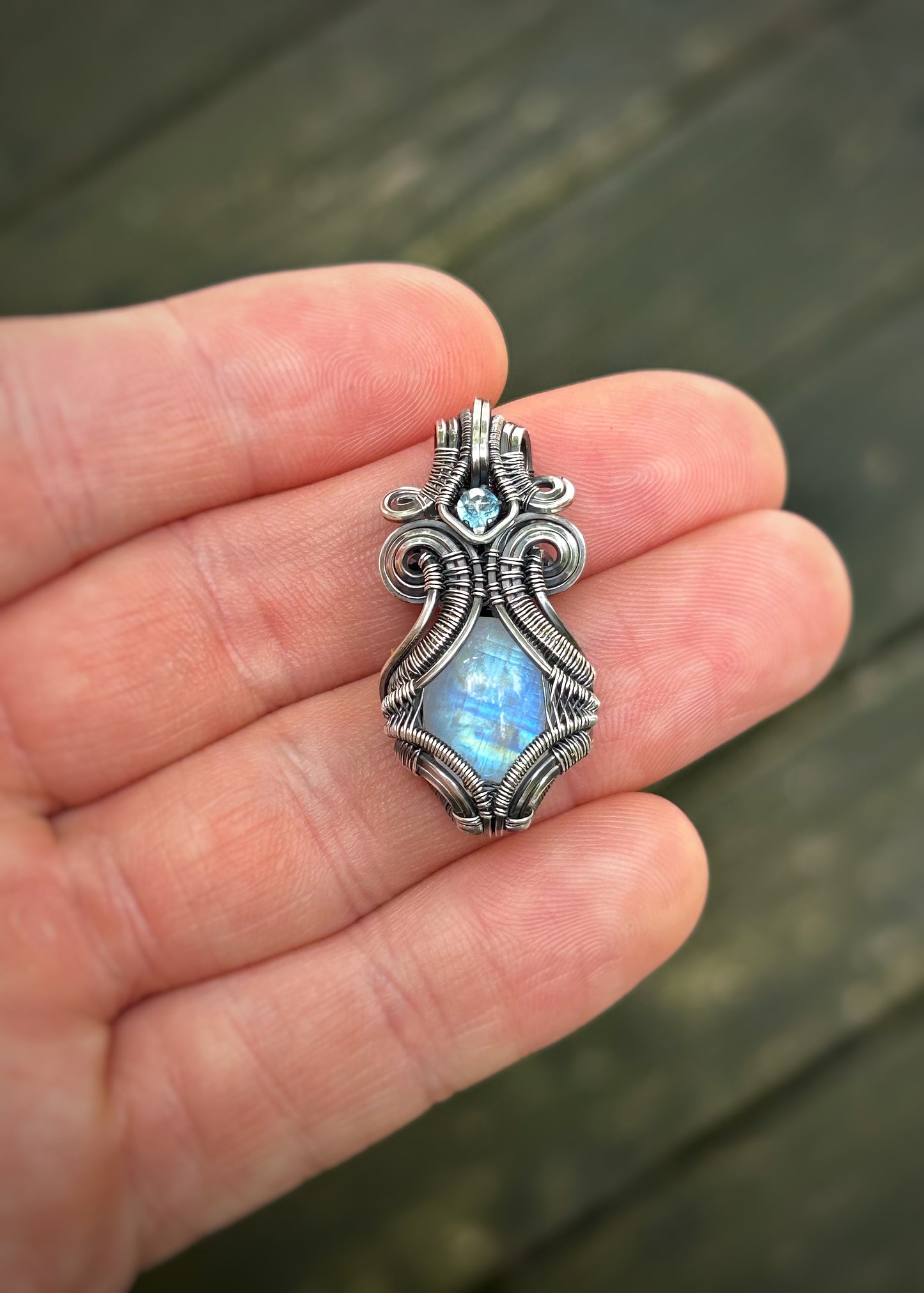 Rainbow Moonstone // Blue Topaz // Wire Wrapped Pendant // Symmetrical // Oxidized Silver // Festival Jewelry // Handmade Wire Art
