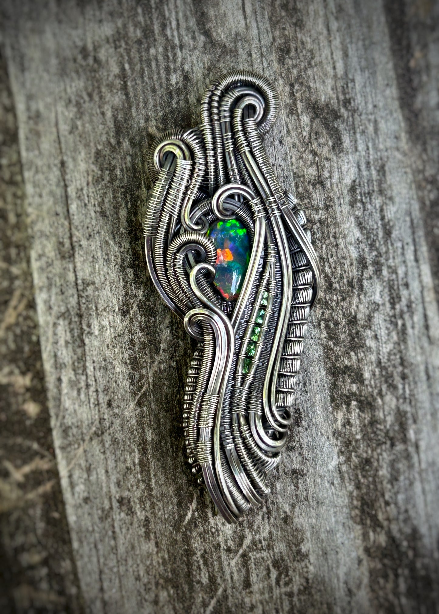 Epic Opal // Ethiopian Opal // Welo // Tsavorite Garnets // Oxidized Sterling Silver // Festival Jewelry // Handmade // Fire Opal // Flash