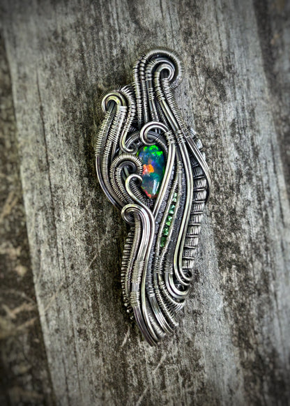 Epic Opal // Ethiopian Opal // Welo // Tsavorite Garnets // Oxidized Sterling Silver // Festival Jewelry // Handmade // Fire Opal // Flash