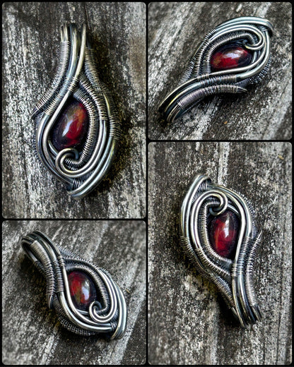 Red Opal Mini Pendant // Wire Wrap // Sterling Silver // Oxidized // Festival Jewelry // Handmade Wire Art // Elegant // One of a kind