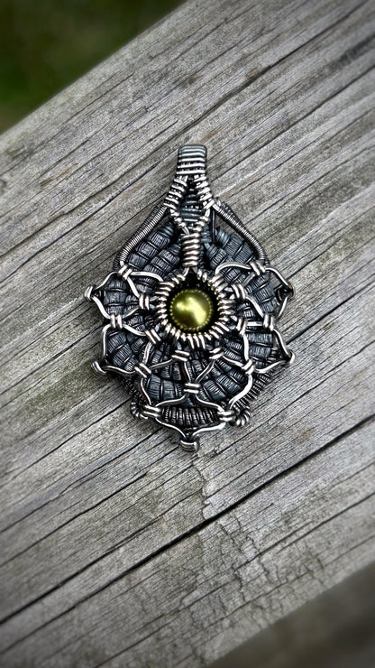 Pistachio Pearl // Tahitian Pearl // Symmetrical Pendant // Festival Jewelry // Wire Wrap // Oxidized Silver // Handmade Wire Art