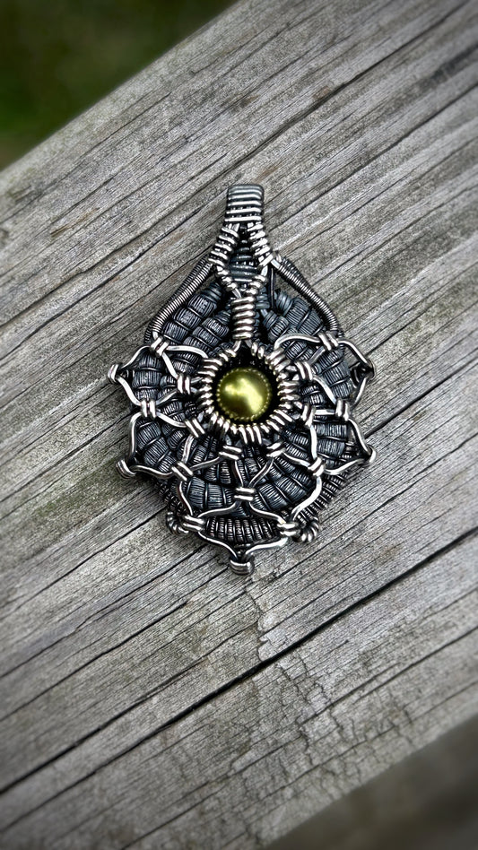 Pistachio Pearl // Tahitian Pearl // Symmetrical Pendant // Festival Jewelry // Wire Wrap // Oxidized Silver // Handmade Wire Art