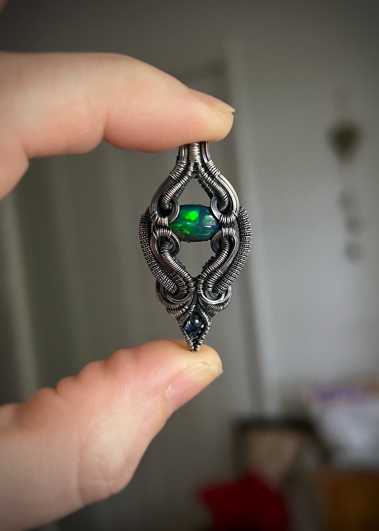 Floating Opal Pendant // Ethiopian Opal // Blue Sapphire // Symmetrical Wire Wrap // Handmade // Festival Jewelry // Oxidized Silver