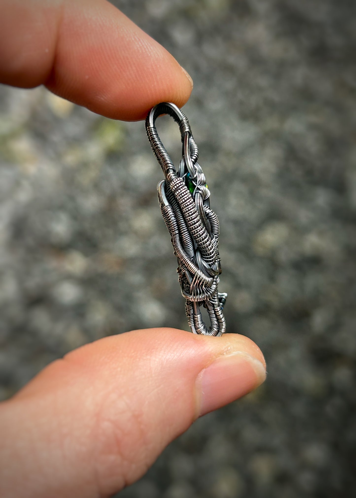 Floating Opal Pendant // Ethiopian Opal // Blue Sapphire // Symmetrical Wire Wrap // Handmade // Festival Jewelry // Oxidized Silver