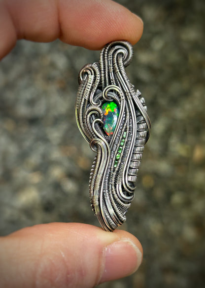 Epic Opal // Ethiopian Opal // Welo // Tsavorite Garnets // Oxidized Sterling Silver // Festival Jewelry // Handmade // Fire Opal // Flash