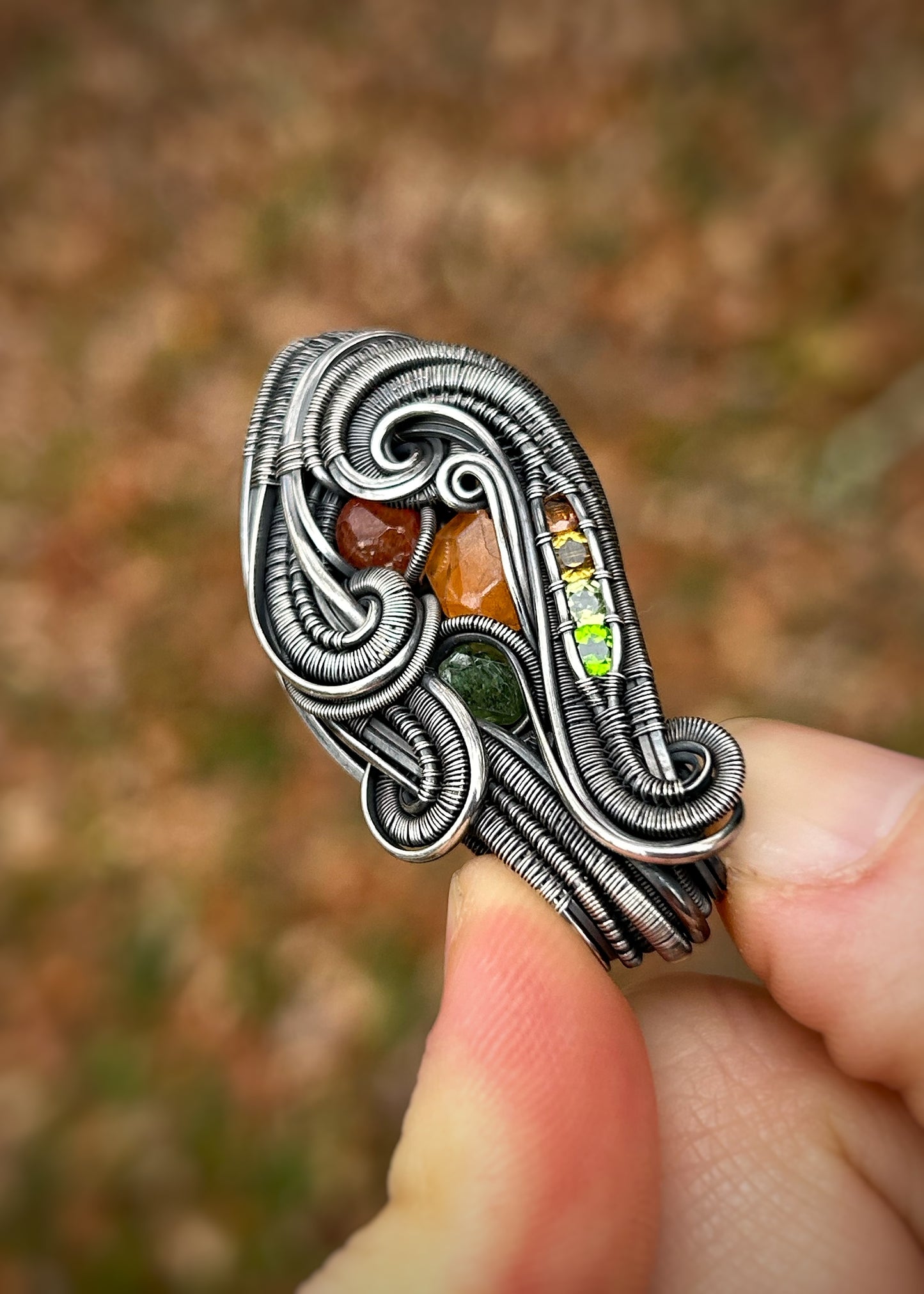 Autumnal Jammer Pendant // Garnet Crystals // Color Gradient // Festival Jewelry // Oxidized Silver Wire Wrap // Handmade Wire Art // Sexy
