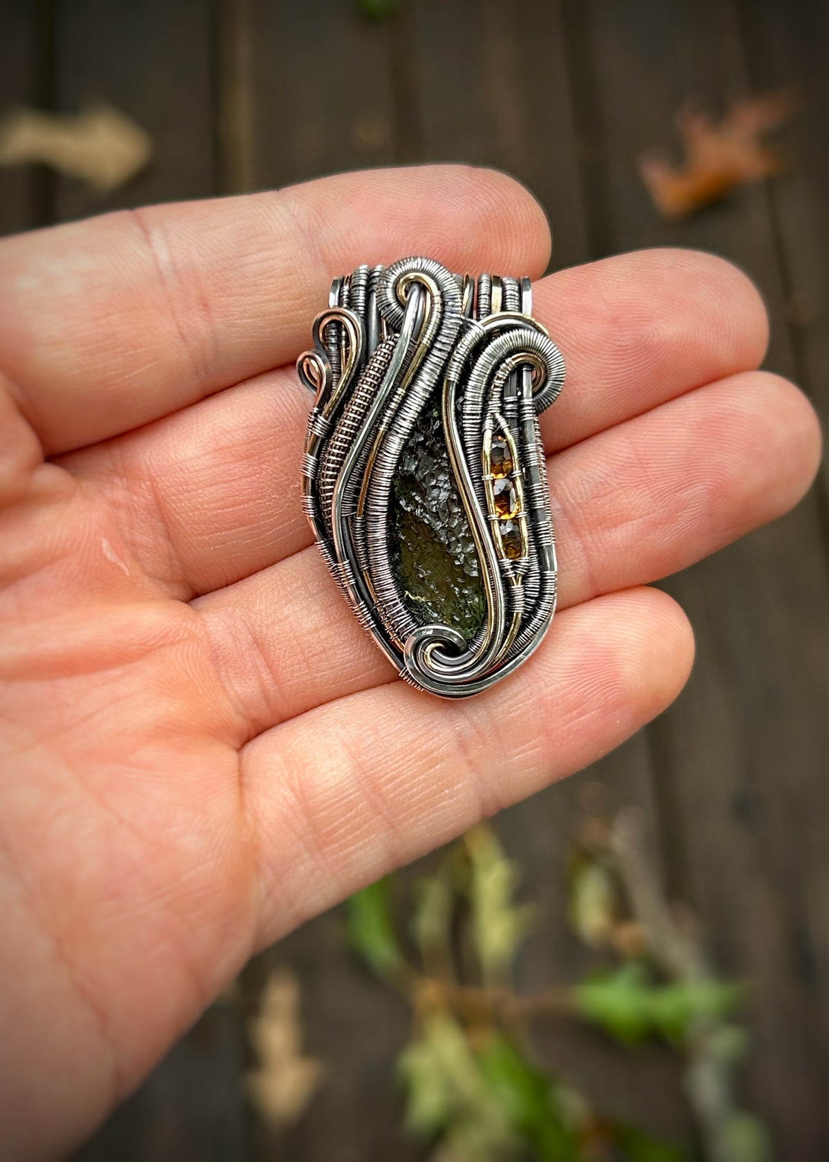 Wide Bail Moldavite Jammer // Faceted Tourmaline // Autumnal Colors // Oxidized Sterling Silver // Festival Jewelry // Organic Wire Flow