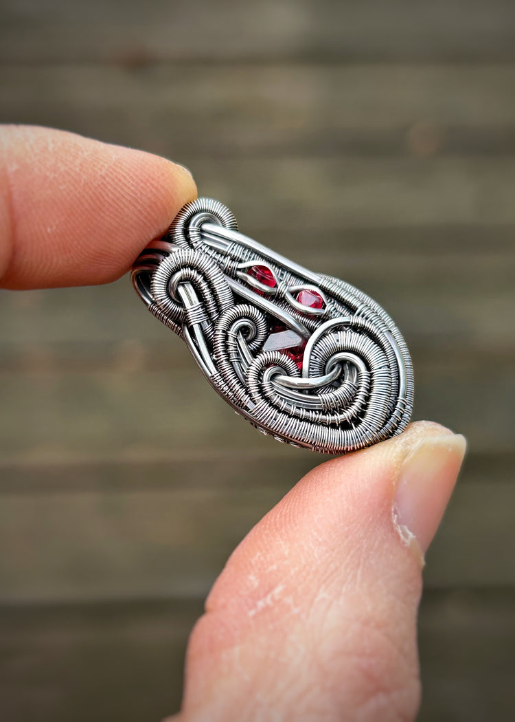 Mini Spinel Pendant // Red Gems // Wire Wrap // Festival Jewelry // Oxidized Silver // Handmade Wire Art // Small Jewelry // Wire Flow