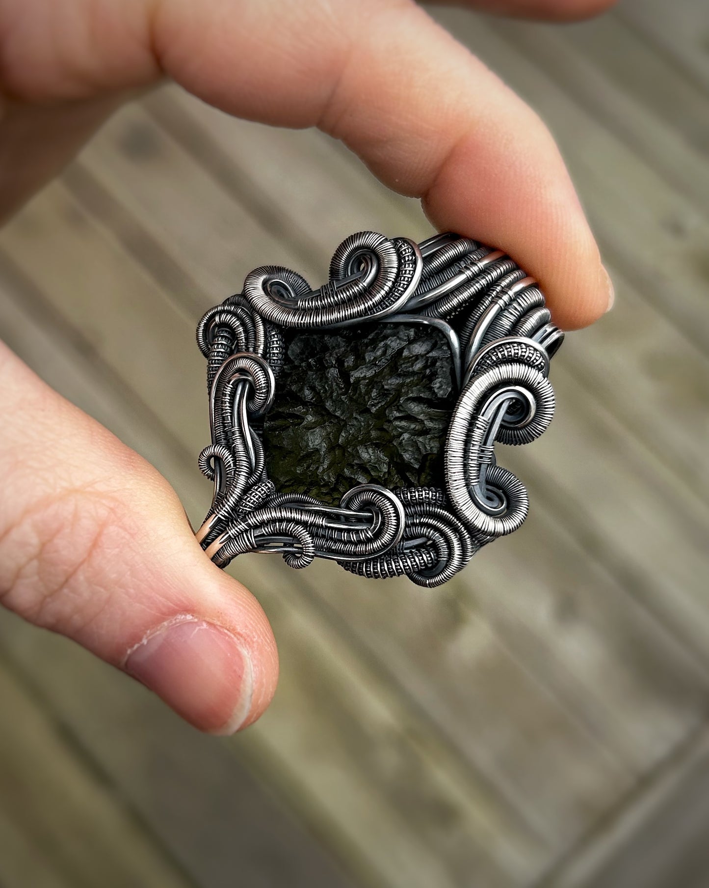 Moldavite Pendant // Symmetrical // Wire Wrap // Festival Jewelry // Moldavite Family // Oxidized Silved // Handmade Wire Art // Organic