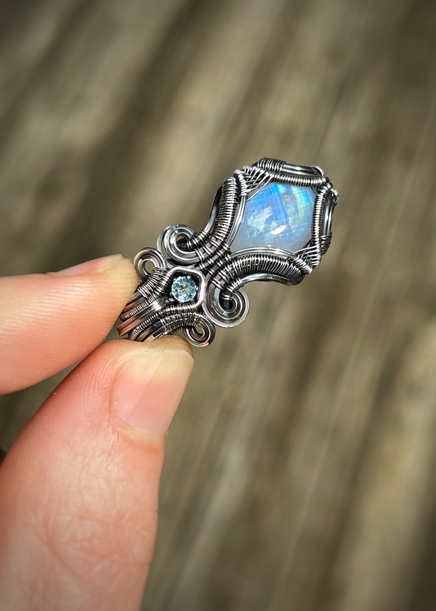 Rainbow Moonstone // Blue Topaz // Wire Wrapped Pendant // Symmetrical // Oxidized Silver // Festival Jewelry // Handmade Wire Art