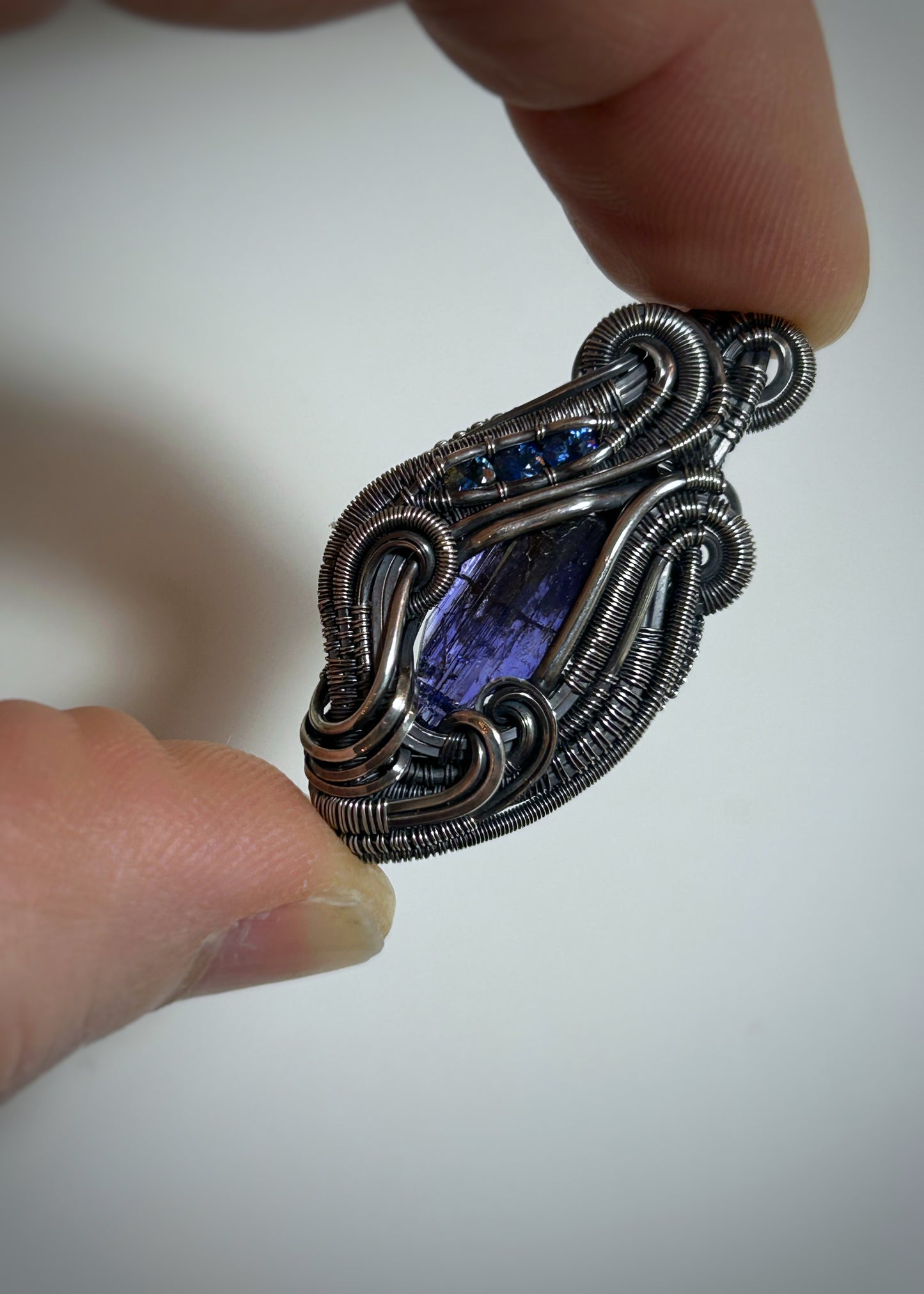 Tanzanite Mini Pendant // Blue Sapphires // Oxidized Sterling Silver // Festival Jewelry // Wire Wrap // Handmade Wire Art