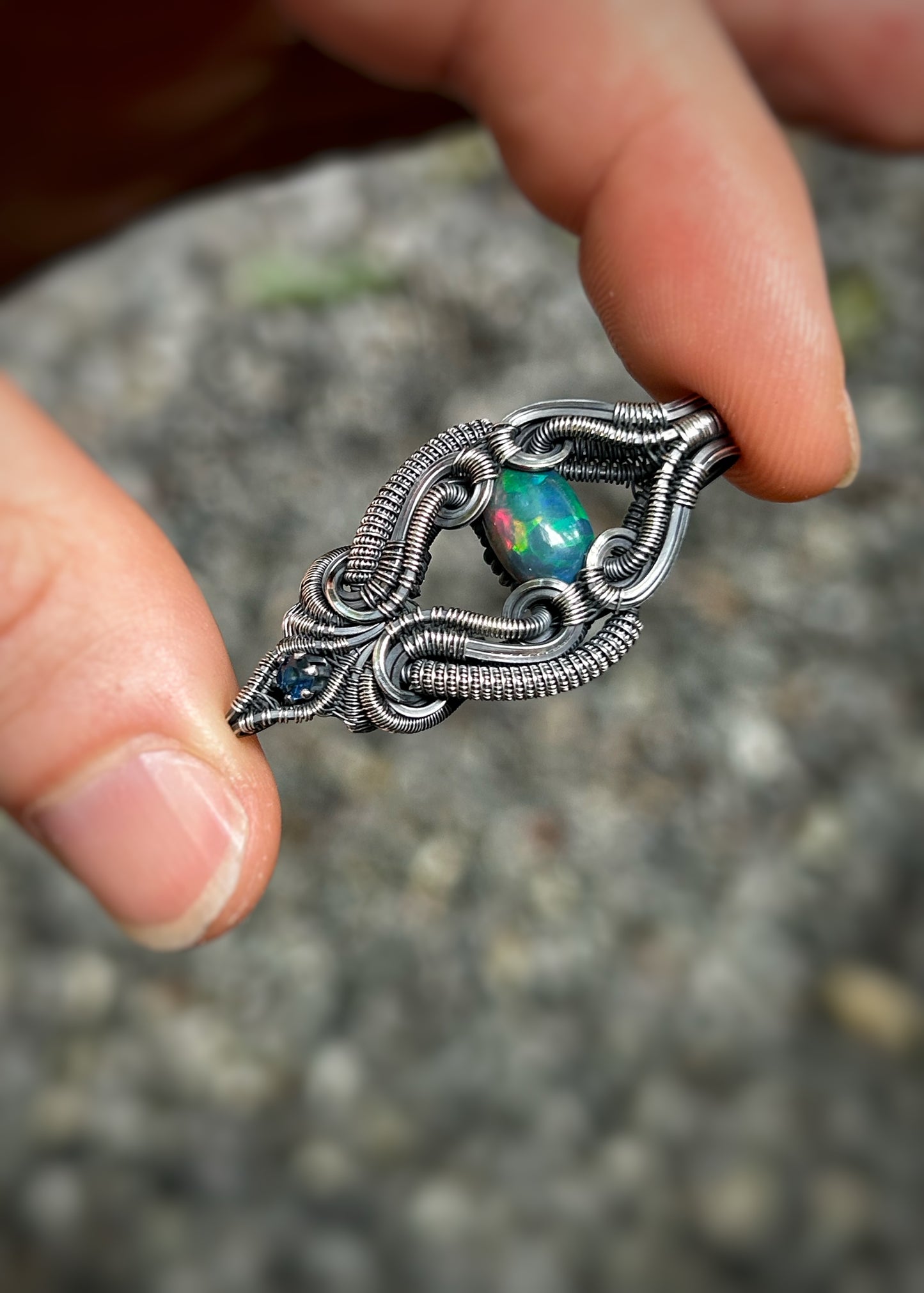 Floating Opal Pendant // Ethiopian Opal // Blue Sapphire // Symmetrical Wire Wrap // Handmade // Festival Jewelry // Oxidized Silver