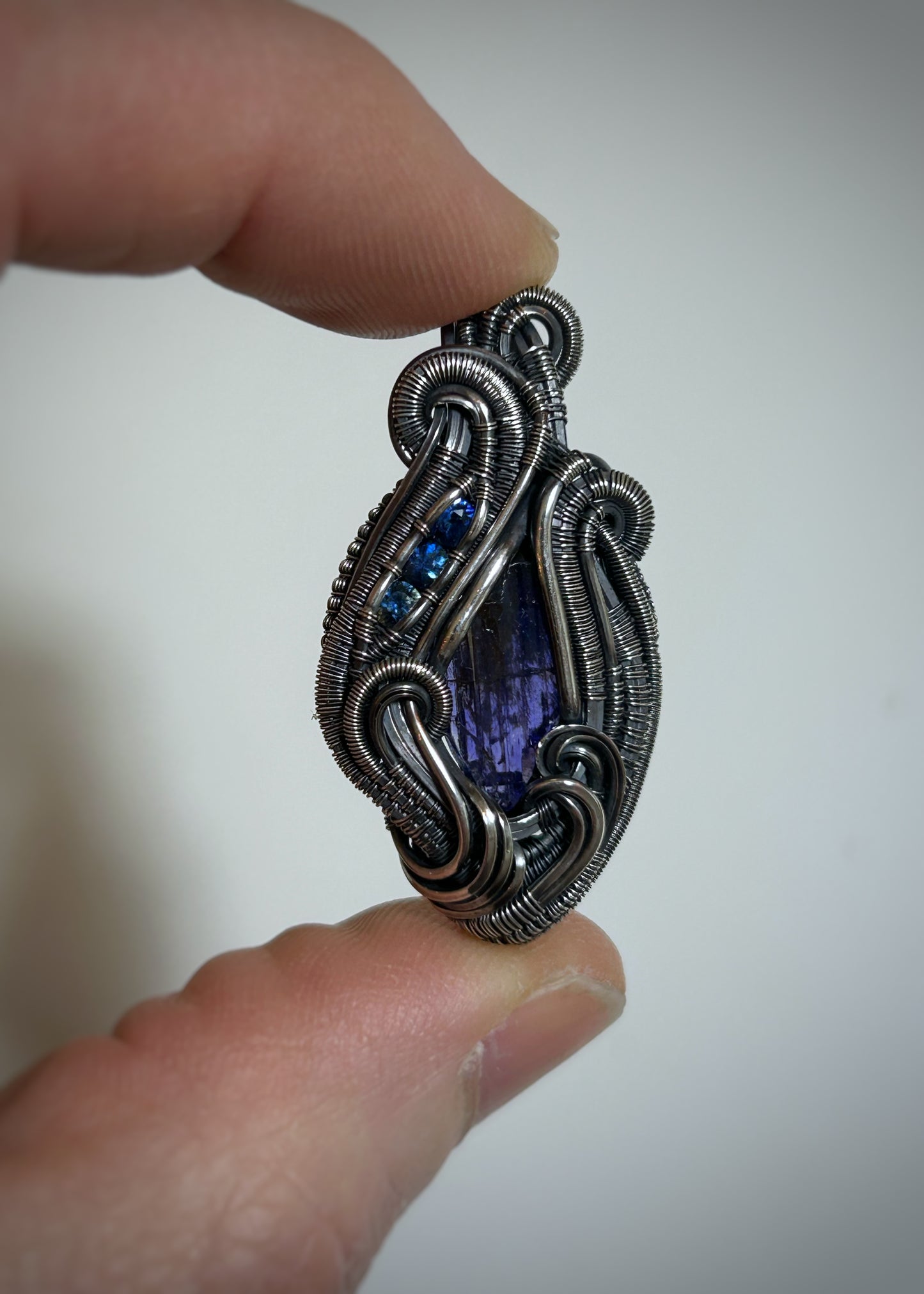 Tanzanite Mini Pendant // Blue Sapphires // Oxidized Sterling Silver // Festival Jewelry // Wire Wrap // Handmade Wire Art