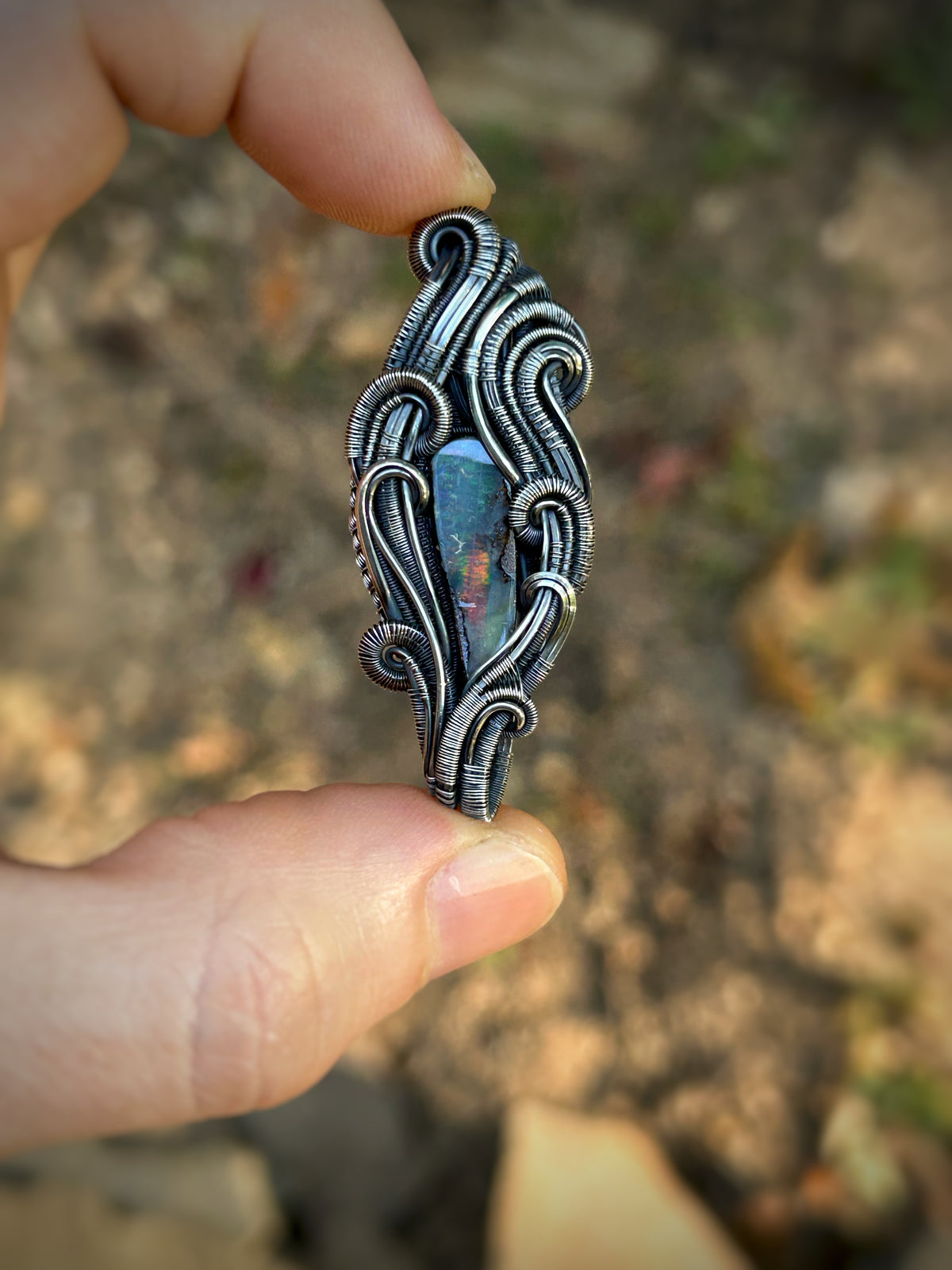 Aussie Opal Pendant // Handmade Wire Jewelry // Oxidized Sterling Silver // Festival Jewelry // Double Bailed // Australian Opal // Organic