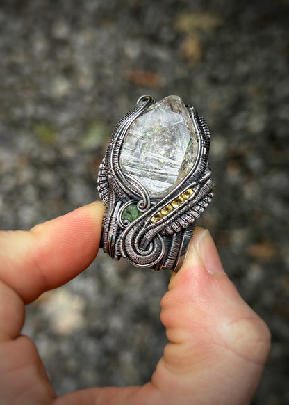 Petroleum-included Quartz Crystal // Wire Wrapped Pendant // Sterling Silver // Citrine // Demantoid Garnet // Festival Jewelry // Organic