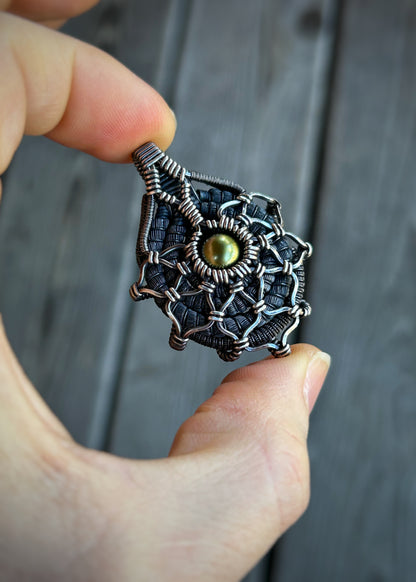 Pistachio Pearl // Tahitian Pearl // Symmetrical Pendant // Festival Jewelry // Wire Wrap // Oxidized Silver // Handmade Wire Art
