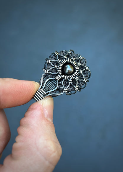 Symmetrical Pearl Pendant // Wire Wrapped // Oxidized/Polished Silver // Tahitian Black Pearl // Festival Jewelry // Sacred Geometry