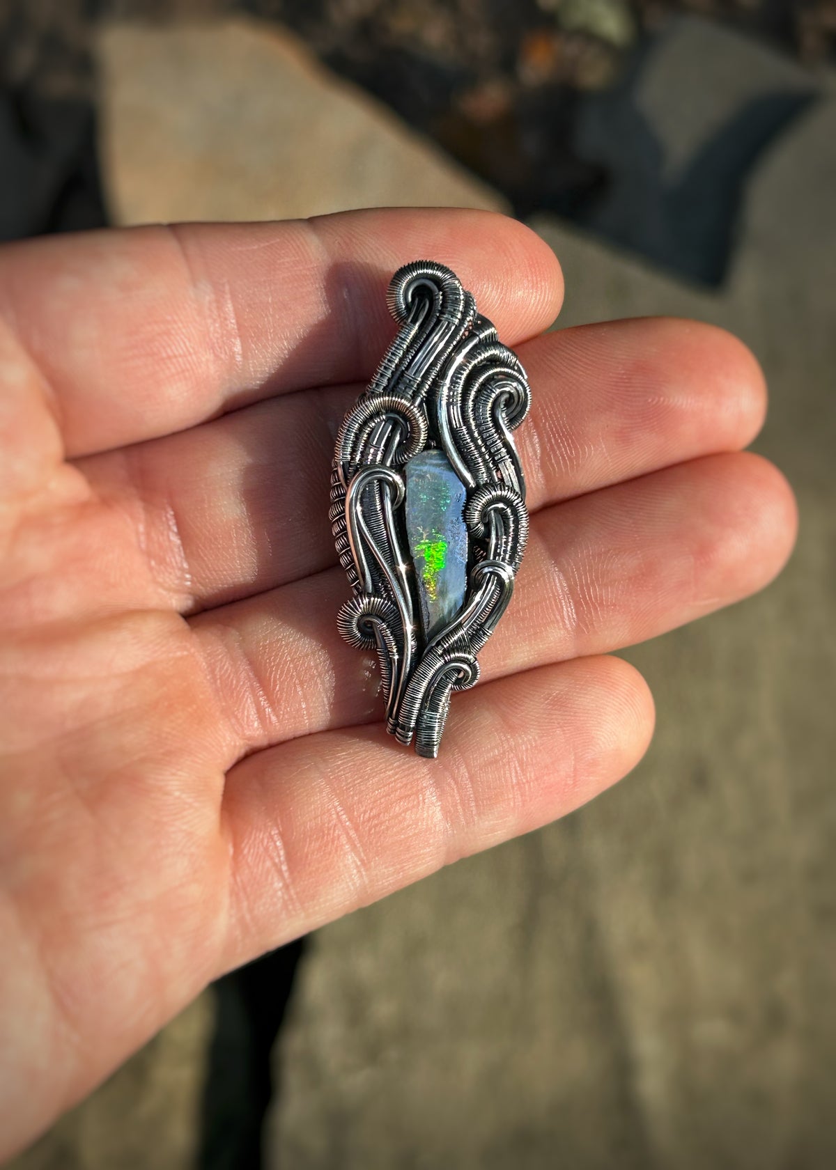 Aussie Opal Pendant // Handmade Wire Jewelry // Oxidized Sterling Silver // Festival Jewelry // Double Bailed // Australian Opal // Organic