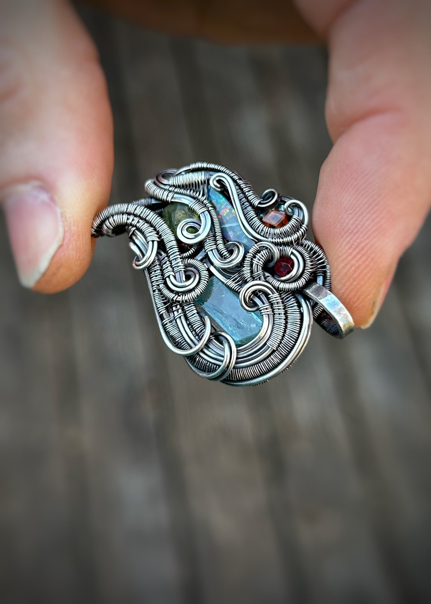 Whimsical Colorful Pendant // Wire Wrapped Jewelry // Oxidized Silver // Festival // Gems // Aqua / Garnet / Opal / Spinel // Handmade Art