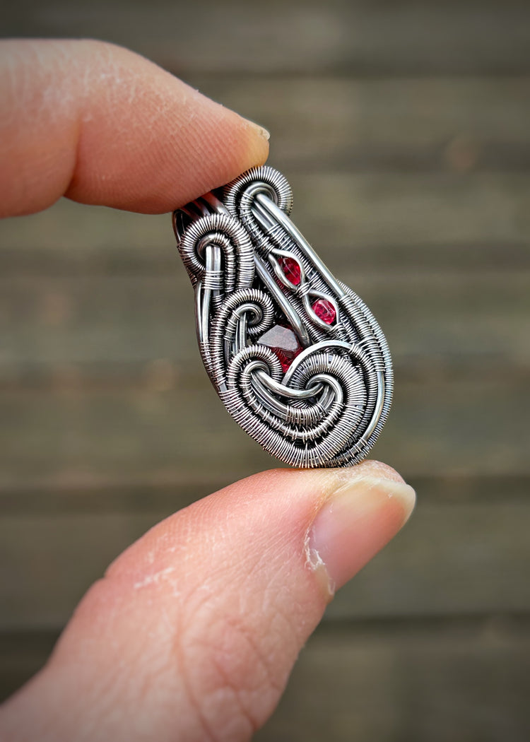 Mini Spinel Pendant // Red Gems // Wire Wrap // Festival Jewelry // Oxidized Silver // Handmade Wire Art // Small Jewelry // Wire Flow