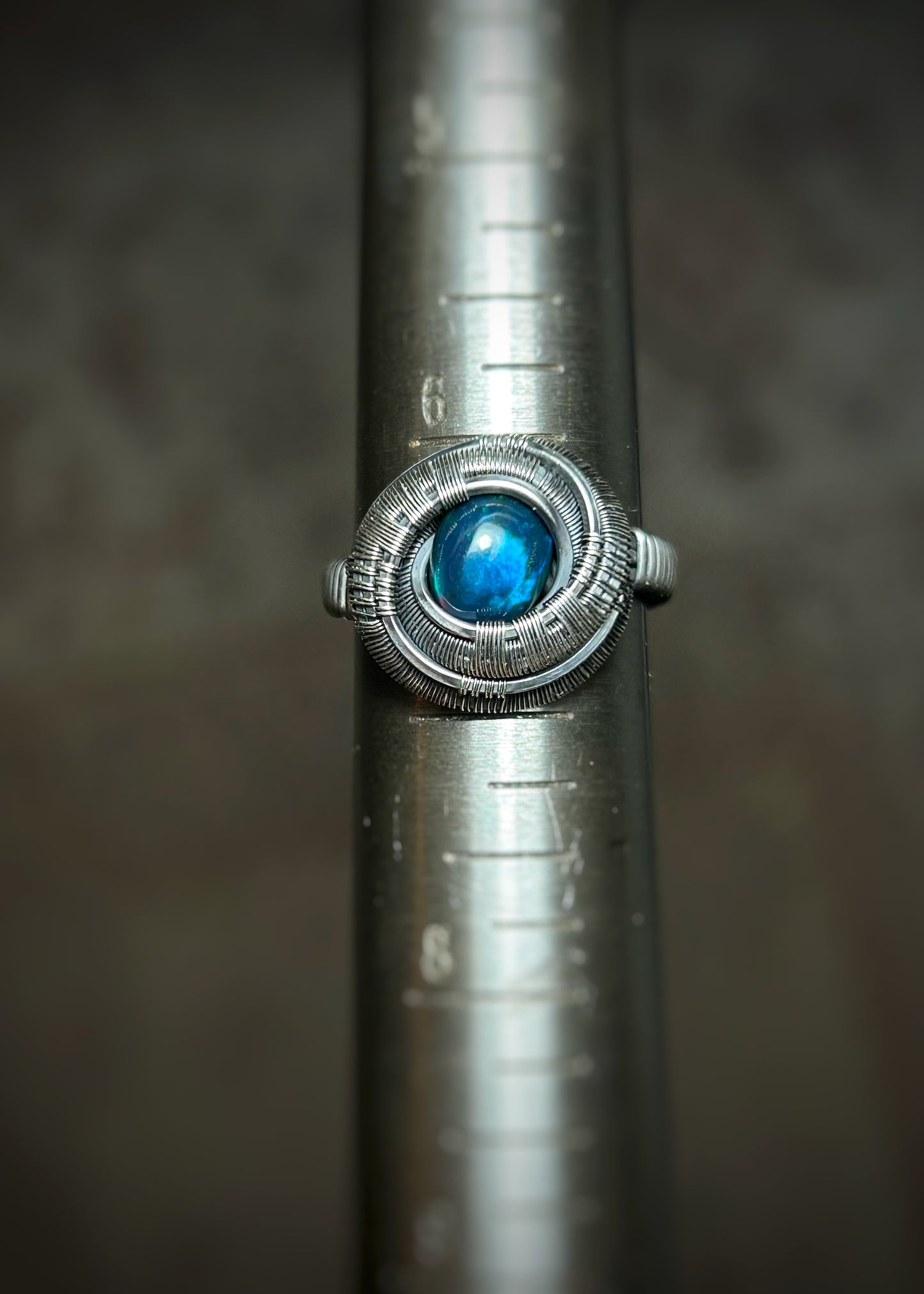 Whirlpool // Blue Spiral // Ethiopian Opal Ring // Wire Wrapped Ring // Oxidized Sterling Silver // Handmade // Size 6.5 // Comfy