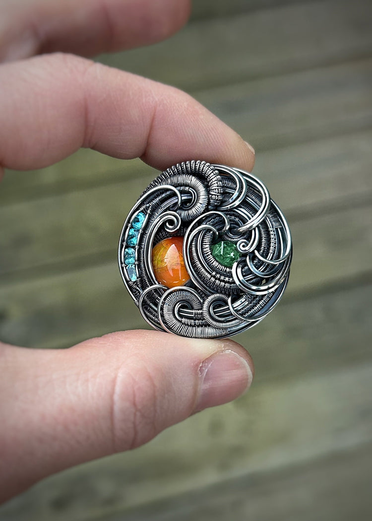 Circular Pendant // Fire Opal // Jelly Opal // Festival Jewelry // Wire Wrapped Pendant // Oxidized Silver // Tsavorite // Organic Wire Flow