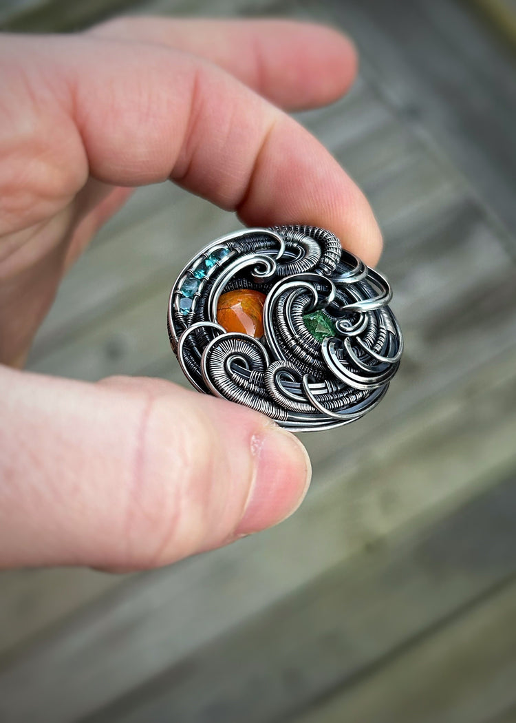 Circular Pendant // Fire Opal // Jelly Opal // Festival Jewelry // Wire Wrapped Pendant // Oxidized Silver // Tsavorite // Organic Wire Flow