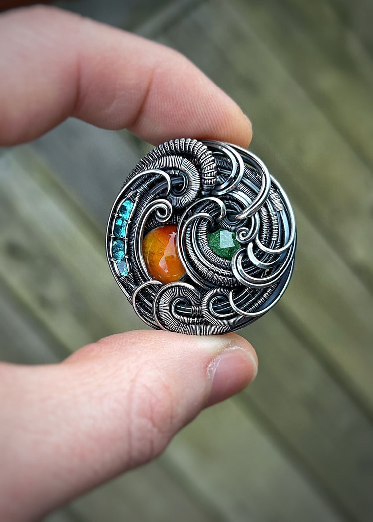 Circular Pendant // Fire Opal // Jelly Opal // Festival Jewelry // Wire Wrapped Pendant // Oxidized Silver // Tsavorite // Organic Wire Flow