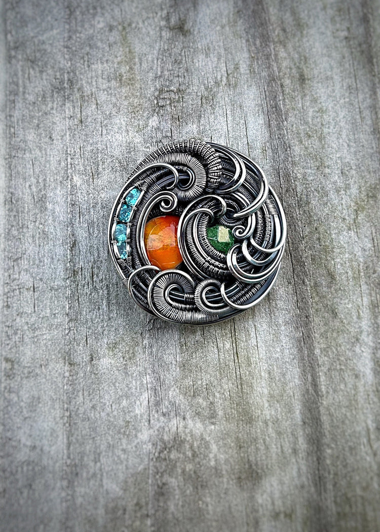 Circular Pendant // Fire Opal // Jelly Opal // Festival Jewelry // Wire Wrapped Pendant // Oxidized Silver // Tsavorite // Organic Wire Flow