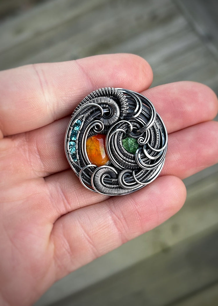 Circular Pendant // Fire Opal // Jelly Opal // Festival Jewelry // Wire Wrapped Pendant // Oxidized Silver // Tsavorite // Organic Wire Flow