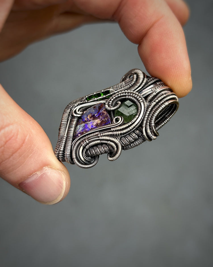 Purple Opal Jammer // Green Garnet // Organic Wire Flow // Festival Jewelry // Oxidized Silver // Handmade Wire Art // Sexy Wrap