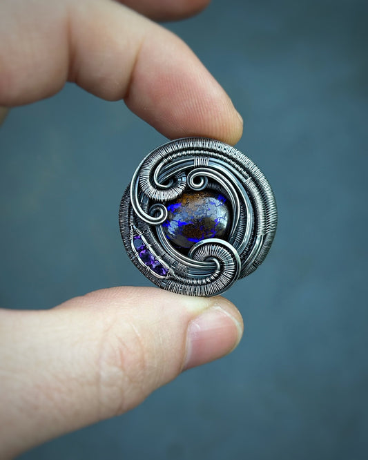Circular Pendant // Purple Opal // Festival Jewelry // Wire Wrapped Pendant // Oxidized Silver // Amethyst // Organic Flow // Green