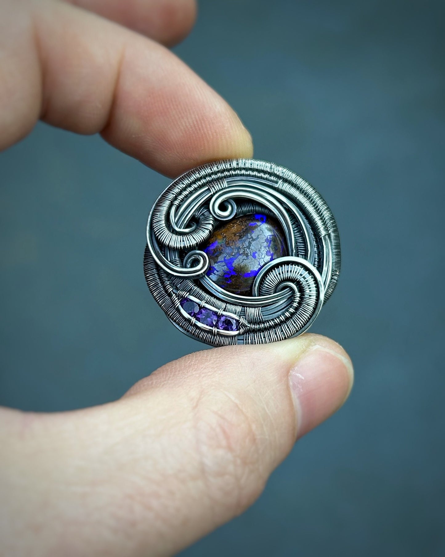 Circular Pendant // Purple Opal // Festival Jewelry // Wire Wrapped Pendant // Oxidized Silver // Amethyst // Organic Flow // Green