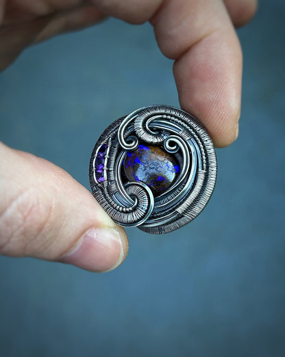 Circular Pendant // Purple Opal // Festival Jewelry // Wire Wrapped Pendant // Oxidized Silver // Amethyst // Organic Flow // Green